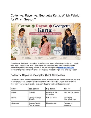 Cotton vs. Rayon vs. Georgette Kurta: Which Fabric for Which Season_