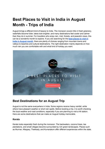 Best Places to Visit in India in August Month - Trips of India