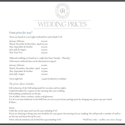 2027 Garthmyl Hall Pricelist & Packages