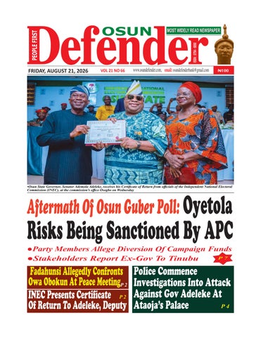 Osun Defender Newspaper Online Version of August 21, 2026