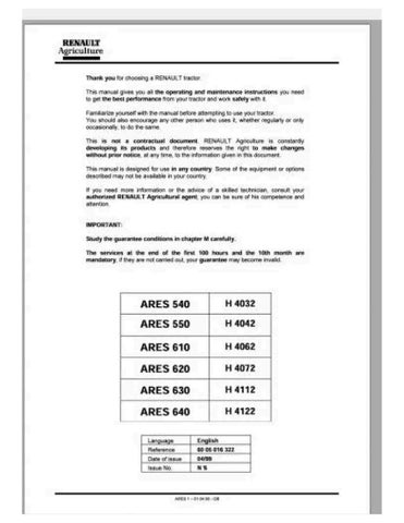 CLAAS RENAULT TRACTOR AGRICULTURE ARES540,550,610,620,630,640 USER AND MAINTENANCE MANUAL - PDF