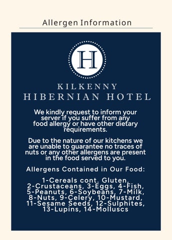 Hibernian Hotel Kilkenny Allergen Information