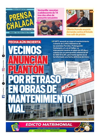 DIARIO PCH 27-08-2026 VECINOS ANUNCIAN PLANTÓN POR RETRASO EN OBRAS DE MANTENIMIENTO VIAL