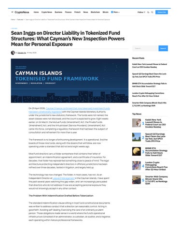 Sean Inggs on Director Liability in Tokenized Fund Structures: What Cayman’s New Inspection Powers M