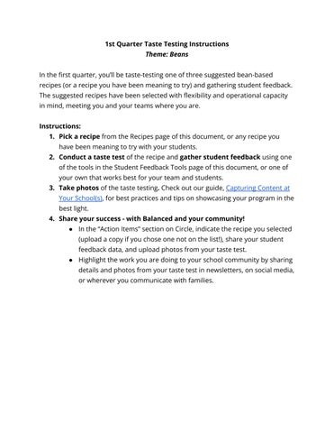 Plant-Powered School Meals Cohort - 1st Quarter Taste Testing Instructions & Resources