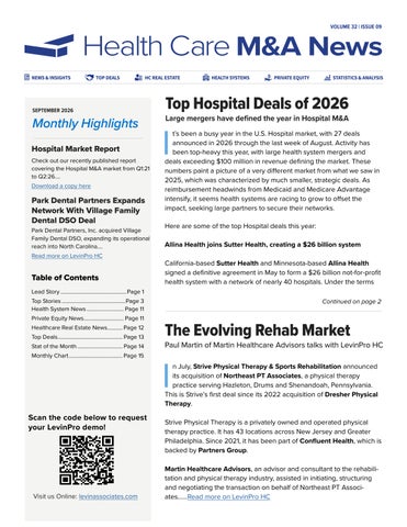 Health Care M&A News, September 2026 - Vol 32, Issue 09