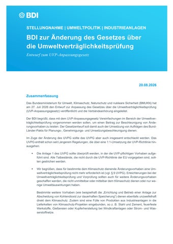BDI zur Änderung des Gesetzes über die Umweltverträglichkeitsprüfung