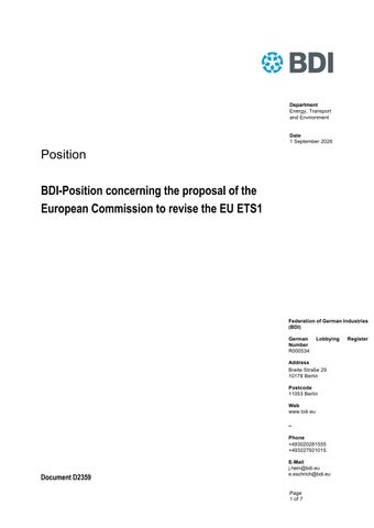 BDI Position on the European Commission Proposal to Revise the EU ETS1