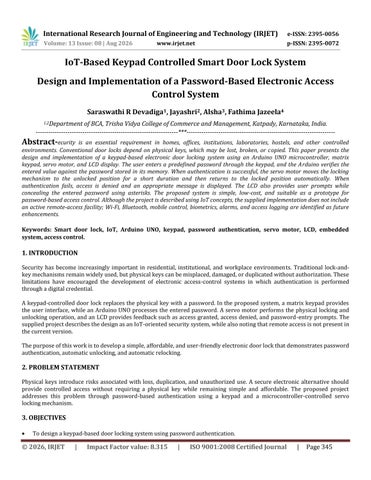 IoT-Based Keypad Controlled Smart Door Lock System Design and Implementation of a Password-Based Ele