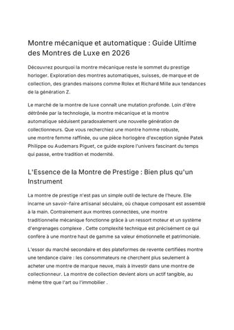 Montre mécanique et automatique : Guide Ultime des Montres de Luxe en 2026