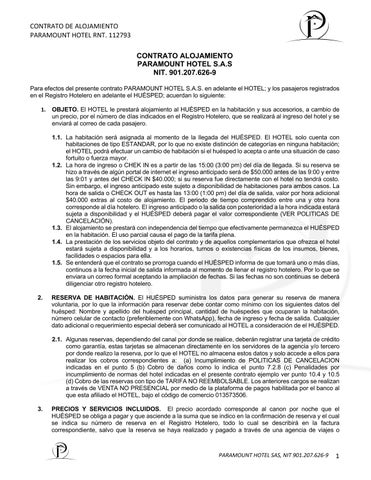 CONTRATO DE ALOJAMIENTO PARAMOUNT HOTEL