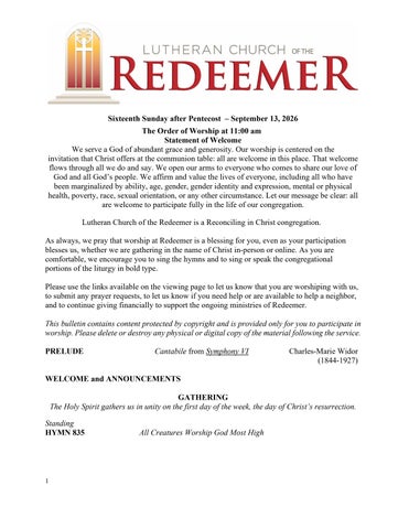 sunday sept 13, 2026 -orderof worship at 11 am - lutheran church of the redeemer atlanta ga USA