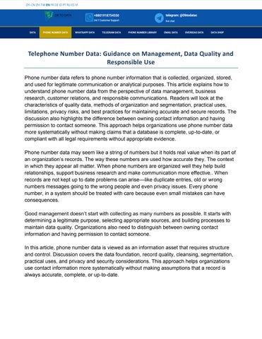 Telephone Number Data Guidance on Management Data Quality and Responsible Use