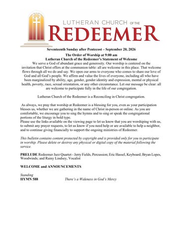 sunday sept 20, 2026 - order of worship at 9 am - lutheran church of the redeemer atlanta ga USA