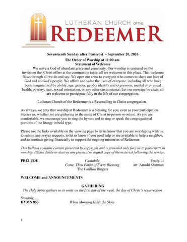 sunday sept 20, 2026 - order of worship at 11 am - lutheran church of the redeemer atlanta ga USA