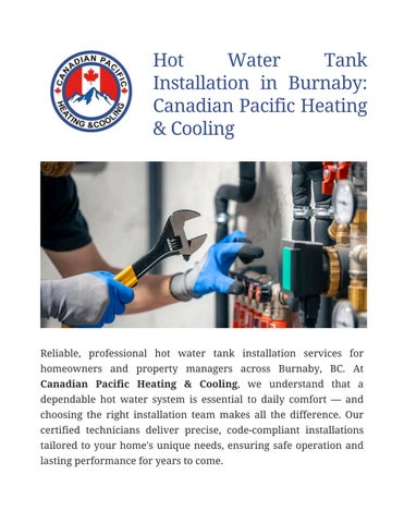 Hot Water Tank Installation in Burnaby Canadian Pacific Heating & Cooling
