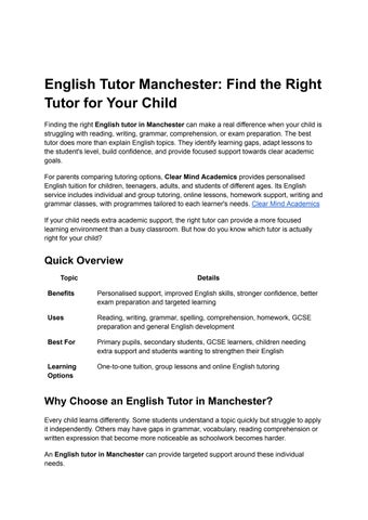 English Tutor Manchester_ Find the Right Tutor for Your Child