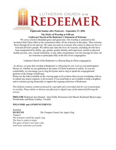 sunday sept 27, 2026 -order of worship at 9 am - lutheran church of the redeemer atlanta ga USA