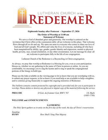 sunday sept 27, 2026 -order of worship at 11 am - lutheran church of the redeemer atlanta ga USA