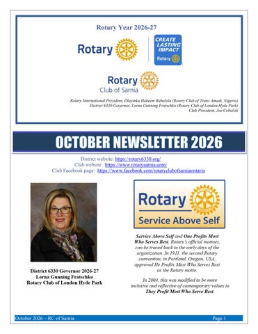 OCTOBER NEWSLETTER 2026 - Rotary Club of Sarnia