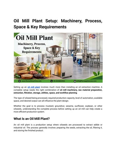 Oil Mill Plant Setup Machinery, Process & Key Requirements