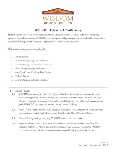 WISDOM High School Credit Policy