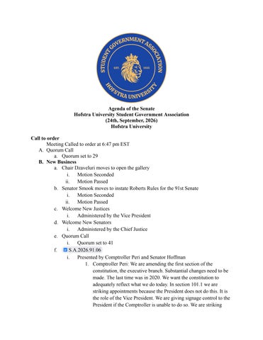 Agenda of the Senate - Hofstra Student Government Association - 9/24/26