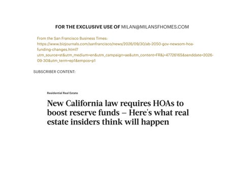Gov. Newsom signs AB 2050 requiring HOA reserve funding changes - San Francisco Business Times