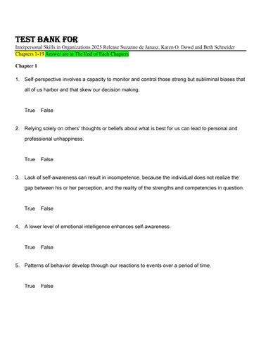 Test Bank For Interpersonal Skills in Organizations 2025 Release Suzanne de Janasz, Karen O. Dowd an