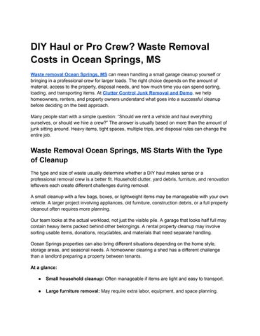 Waste Removal Ocean Springs, MS Cost and DIY vs Pro