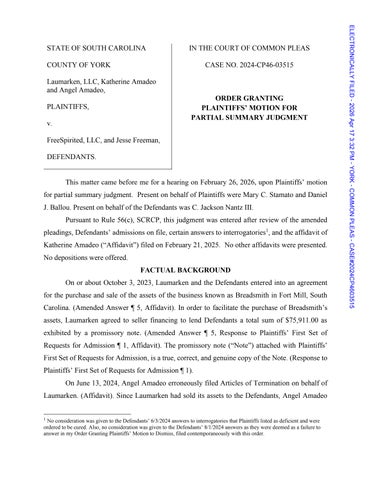 Federal Court Order: Laumarken LLC and Katherine Amadeo v. FreeSpirited LLC, Jesse Freeman, Erin Mar