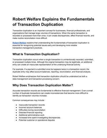 Robert Welfare Explains the Fundamentals of Transaction Duplication