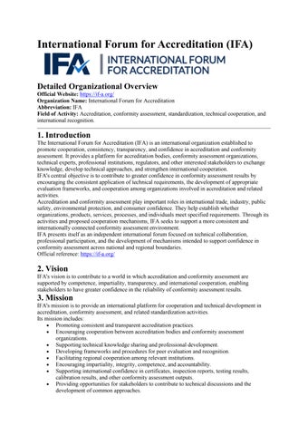 International Forum for Accreditation (IFA) Detailed Organizational Overview