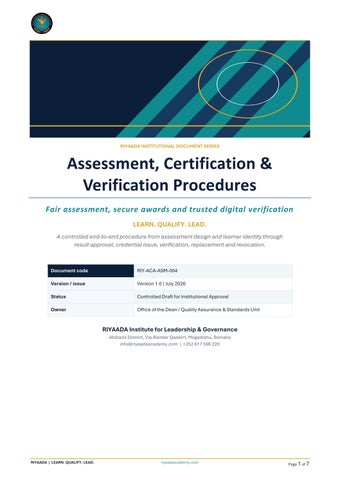 Assessment Certification and Verification Procedures - RIYAADA Institute for Leadership & Governance