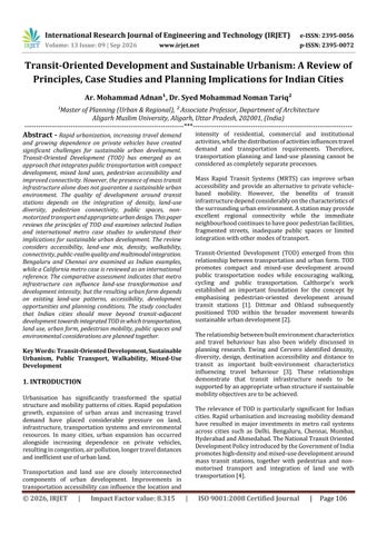 Transit-Oriented Development and Sustainable Urbanism: A Review of Principles, Case Studies and Plan