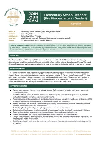 ASB Elementary School Teacher (PreKindergarten-Grade 1) (start July ...