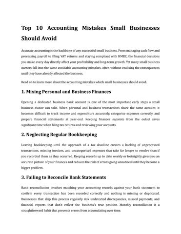 Top 10 Accounting Mistakes Small Businesses Should Avoid