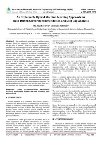 An Explainable Hybrid Machine Learning Approach for Data-Driven Career Recommendation and Skill Gap 