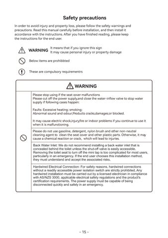 INTEGRATED 智能 TOILET – USER × INSTALLATION MANUAL 第 16 页