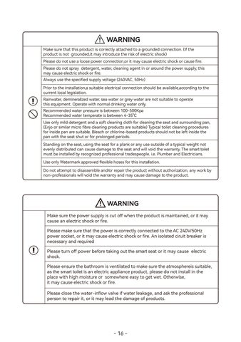 INTEGRATED 智能 TOILET – USER × INSTALLATION MANUAL 第 17 页
